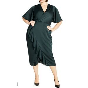 City Chic Soft Ruffle Dress Emerald Green XL (22W) Knee Length